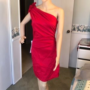 Badgley Mischka one shoulder red dress